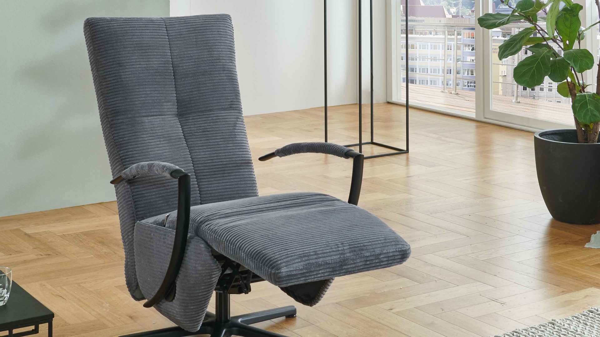 Relaxsessel KAWOO aus Stoff in Grau KAWOO Polsterprogramm Dover XC - Relaxsessel grauer Breitcord Lincoln & schwarzer Sternfuß