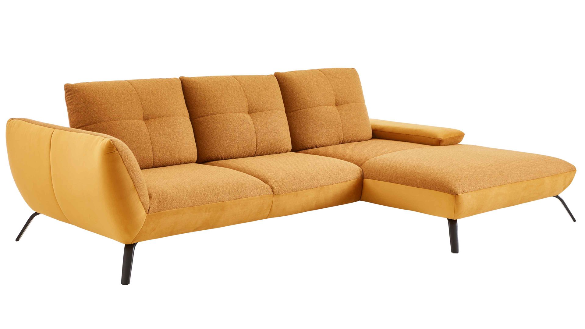 Ecksofa KAWOO aus Stoff in Gelb KAWOO Polsterprogramm Dover Plus - Ecksofa senffarbener Bezug Portofino & goldfarbene Maschenware Riviera - Stellfläche ca. 301 x 191 cm