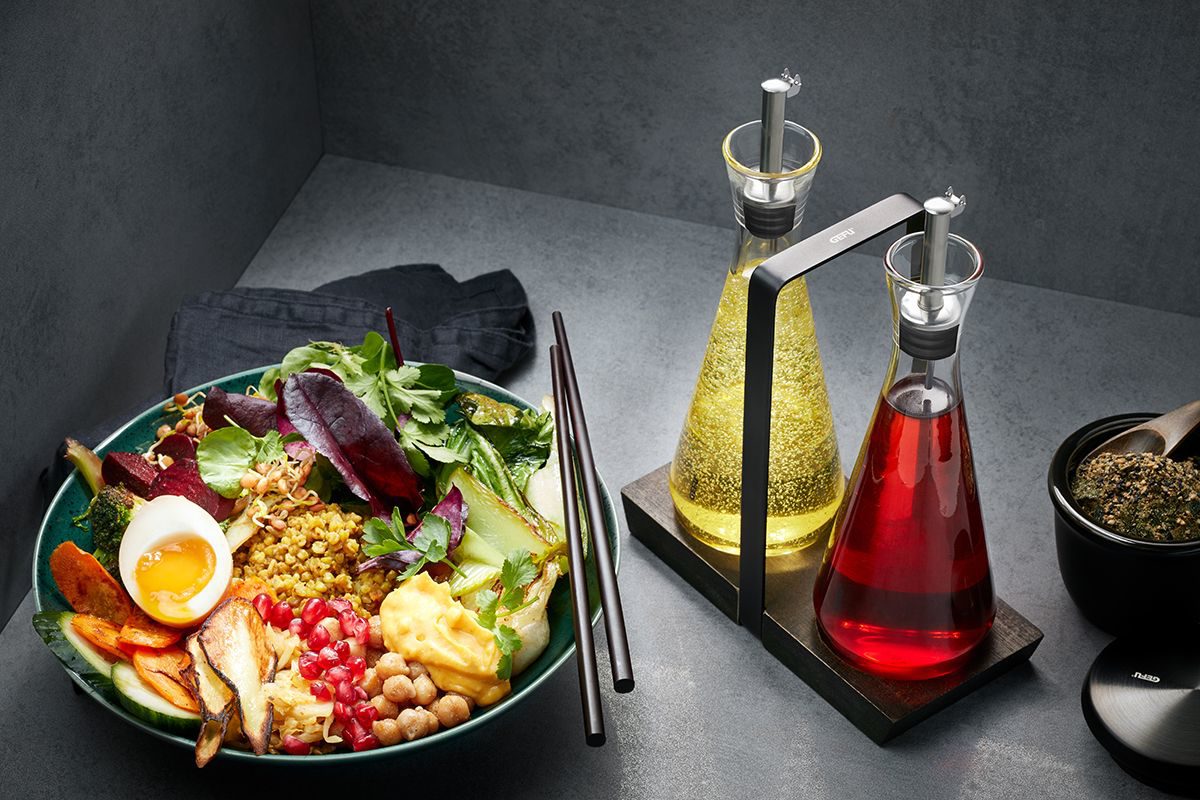 Küchenhelfer Gefu aus Glas Holz Kunststoff in Schwarz Braun Transparent GEFU Essig- und Öl-Set Akazienholz & Kristallglas