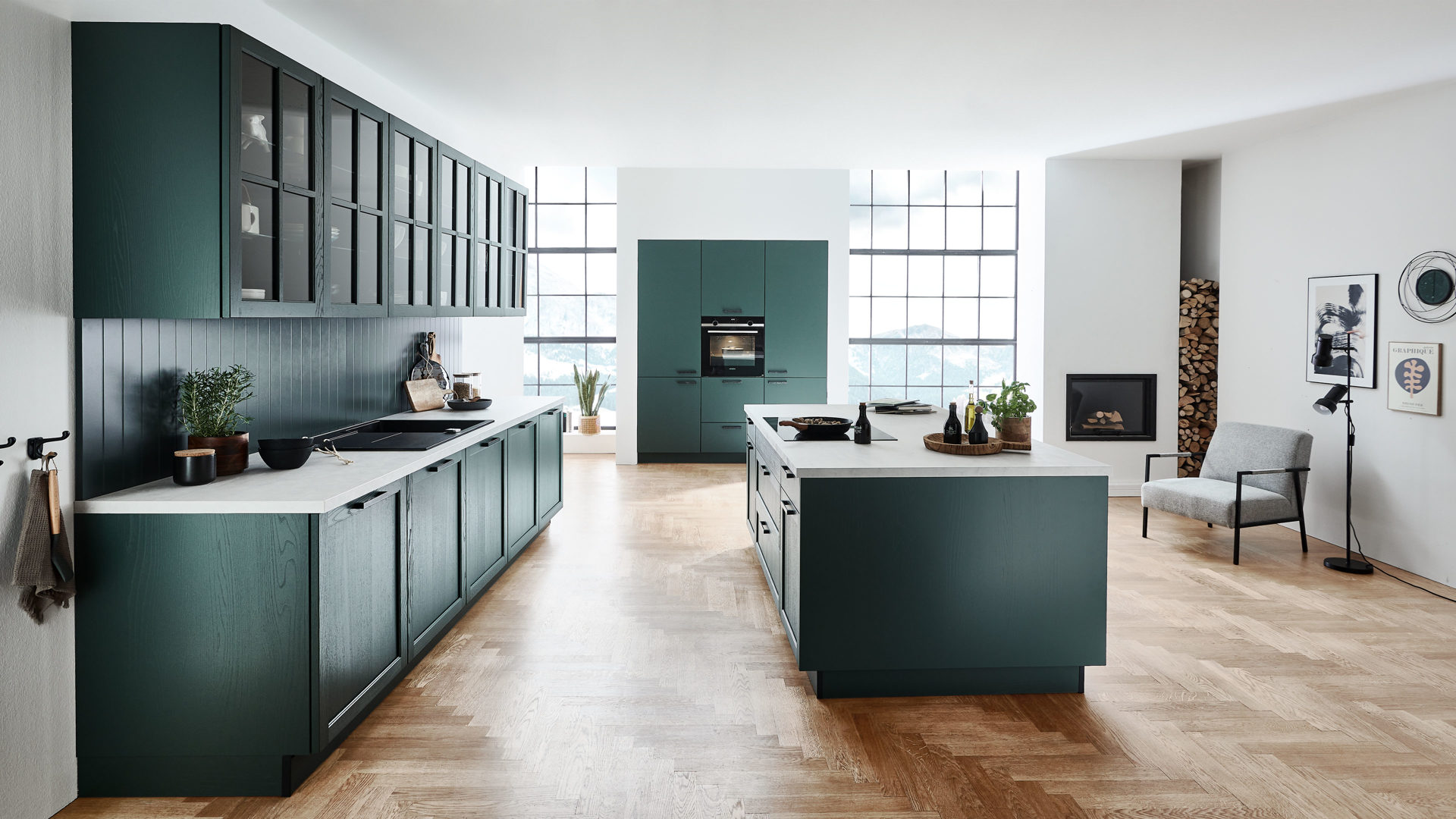 Einbauküche Nolte® küchen aus Holz in Dunkelgrün nolte® Einbauküche Lugano mit SIEMENS Einbaugeräten Black Green – dreiteilig