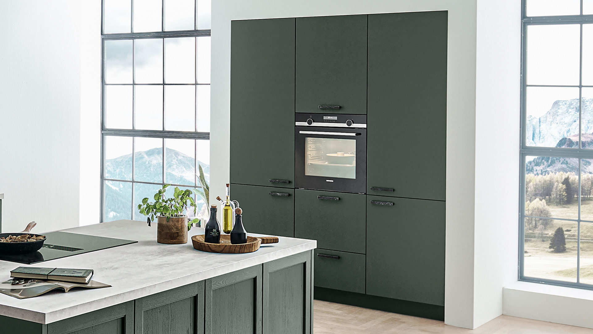 Einbauküche Nolte® küchen aus Holz in Dunkelgrün nolte® Einbauküche Lugano mit SIEMENS Einbaugeräten Black Green – dreiteilig