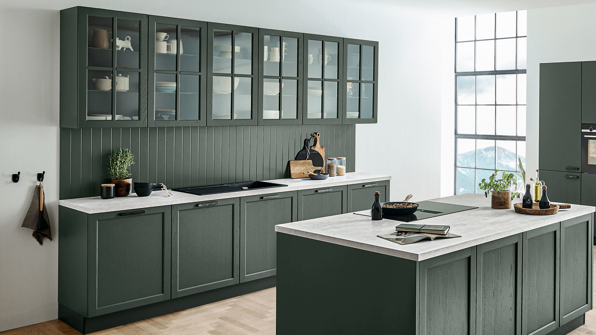 Einbauküche Nolte® küchen aus Holz in Dunkelgrün nolte® Einbauküche Lugano mit SIEMENS Einbaugeräten Black Green – dreizeilig