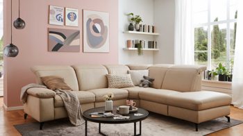 Ecksofa Steinpol polsteria aus Stoff in Beige Polstermöbel Serie Senturo System - Ecksofa sandfarbene Mikrofaser Kevin - Stellfläche ca. 280 x 245 cm