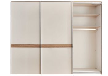 Kleiderschrank Staud aus Holz in Weiß STAUD Schwebetürenschrank Sinfonie Plus Elfenbein & Trentino Eiche – drei Türen, Breite ca. 298 cm