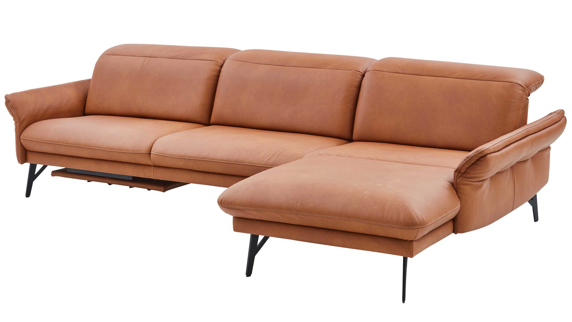 Ecksofa Himolla aus Leder in Orange himolla Polsterprogramm 1385-Promotion - Ecksofa mit motorischer Funktion brandyfarbenes LongLife-Leder LG24 & anthrazitfarbene Metallfüße - Stellfläche ca. 304 x 175 cm