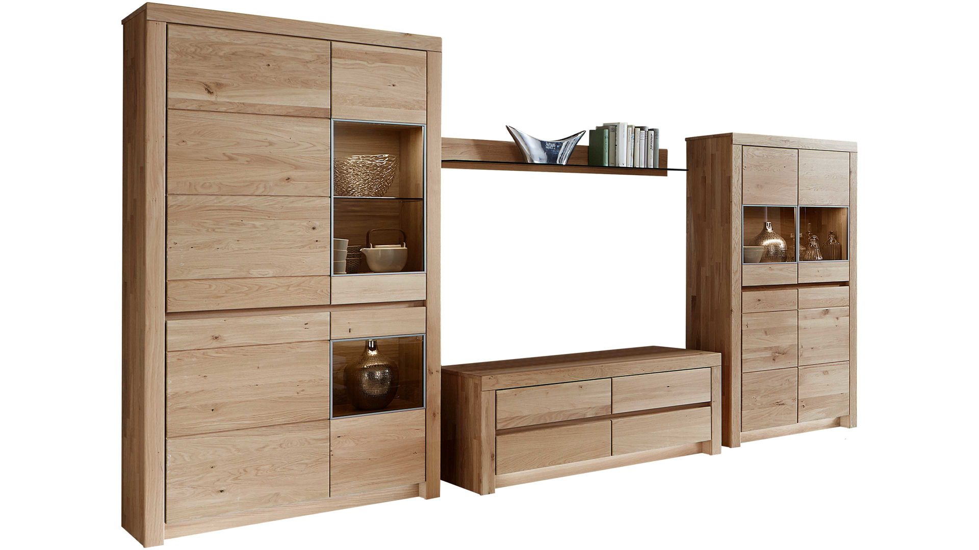 Wohnwand Wöstmann markenmöbel aus Holz in Holzfarben WÖSTMANN Wohnprogramm Soleo - Wohnwand Wildeiche – vierteilig, Breite ca. 377 cm