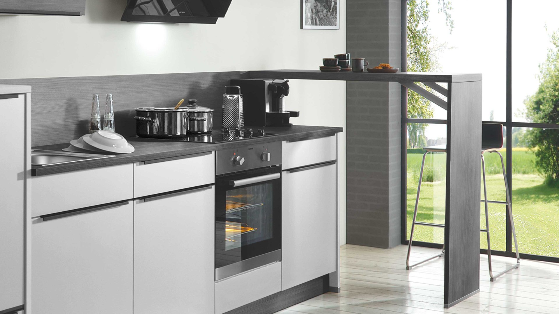 Einbauküche Express küchen aus Holz in Hellgrau EXPRESS KÜCHEN Einbauküche Clean mit IGNIS-Geräten Hellgrau & Eiche grau - Länge ca. 415 cm