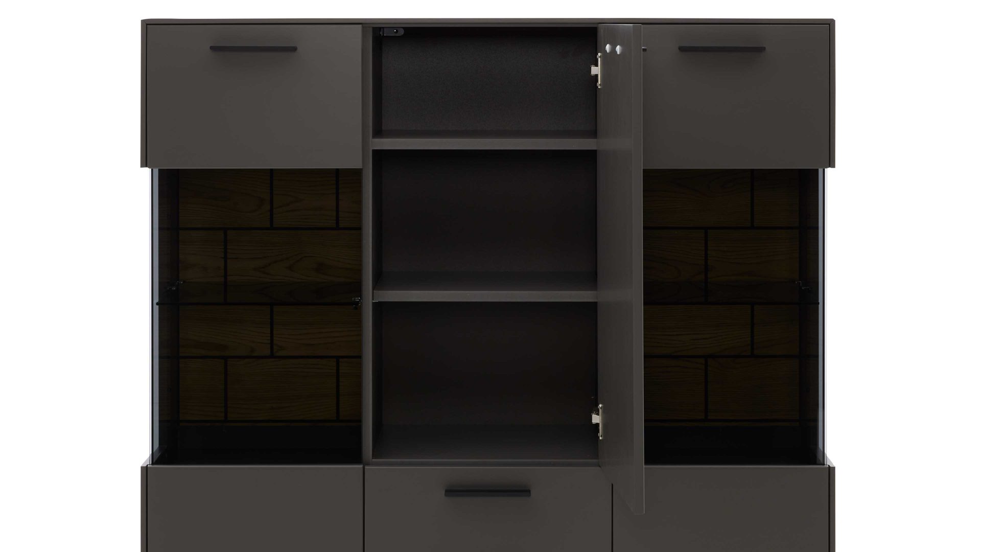 Highboard Interliving aus Holz in Dunkelgrau Interliving Wohnzimmer Serie 2030 - Highboard Wolfram Grey & Spaltholz - drei Türen, zwei Schubladen, Breite ca. 120 cm