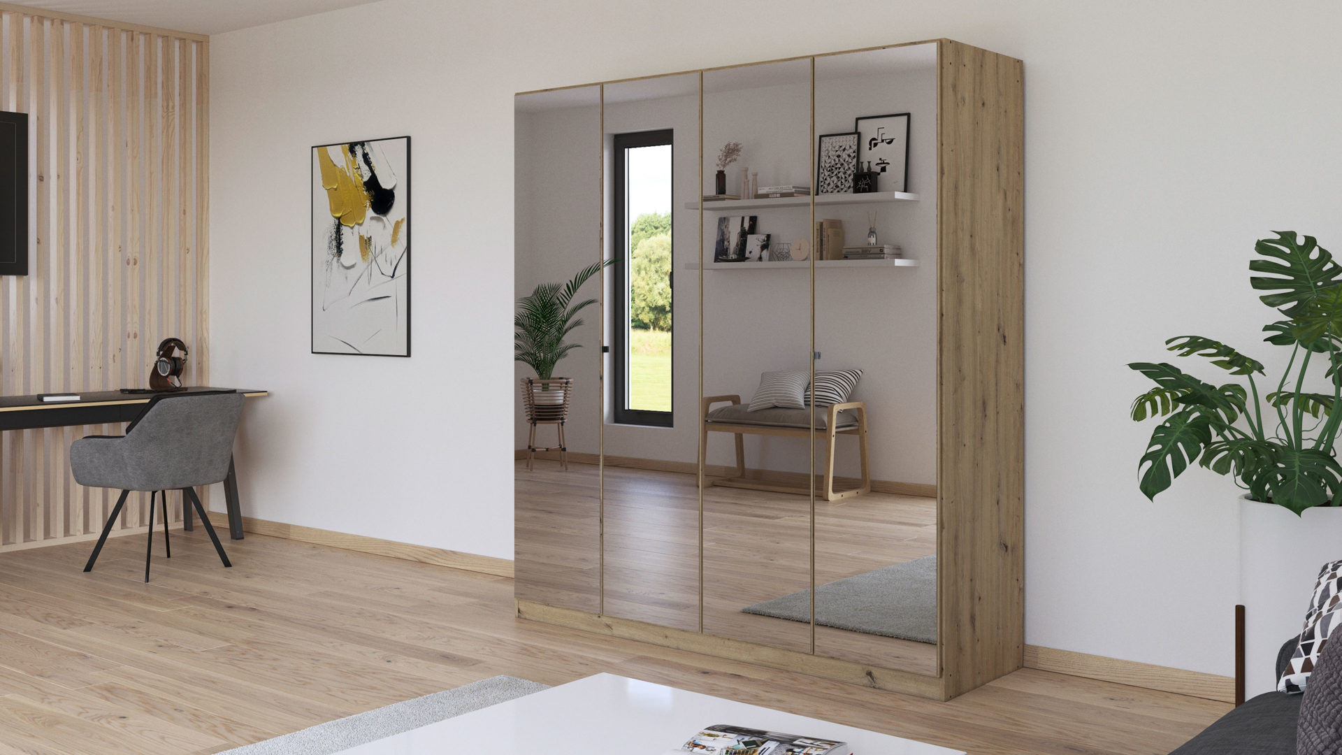 Kleiderschrank Rauch aus Holz in Holzfarben rauch BLUE Drehtürenschrank Reflect Spiegel & Eiche Artisan - Breite ca. 180 cm