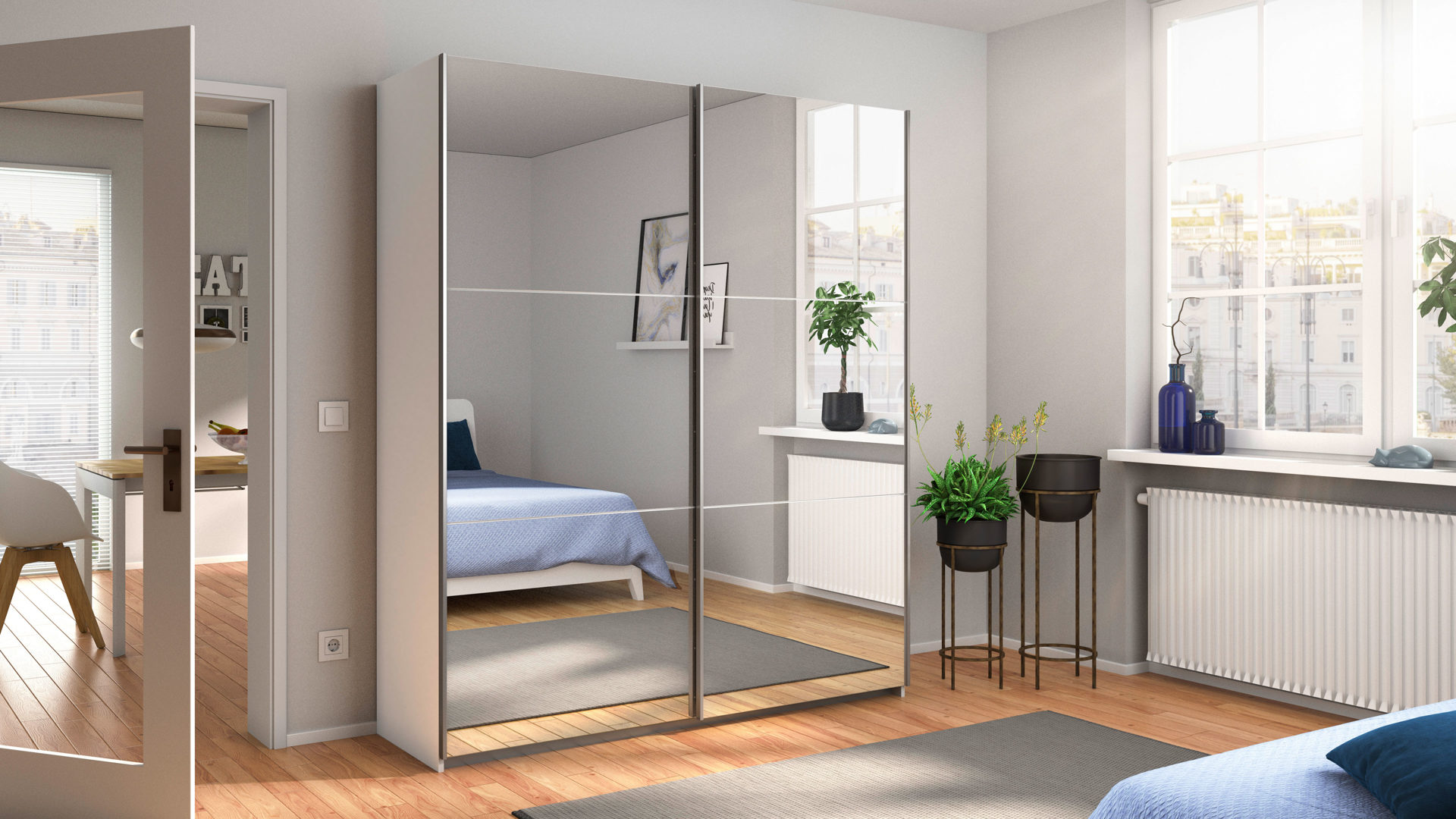 Kleiderschrank Rauch aus Holz in Weiß rauch BLUE Schwebetürenschrank Reflect Spiegel & Alpinweiß - Breite ca. 175 cm