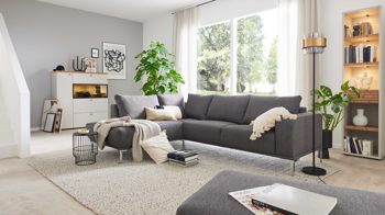 Ecksofa Interliving aus Stoff in Dunkelgrau Interliving Sofa Serie 4255 – Ecksofa grauer Bezug Comora 9853 & silberfarbene Metallfüße 4.26 - Stellfläche ca. 185 x 255 cm