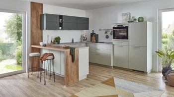 Einbauküche Nobilia® aus Holz in Hellgrün nobilia® Einbauküche Senso mit BORA Muldenlüfter Mineralgrün & Taxus - Stellfläche ca. 290 x 305 cm