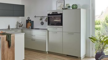 Einbauküche Nobilia® aus Holz in Hellgrün nobilia® Einbauküche Senso mit BORA Muldenlüfter Mineralgrün & Taxus - Stellfläche ca. 290 x 305 cm