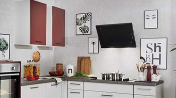 Einbauküche Pino aus Holz in Dunkelrot pino Einbauküche inklusive Einbaugeräte Rubinrot & Alpinweiß - Stellfläche ca. 298 x 205 cm