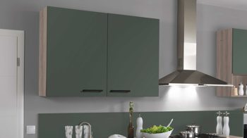 Einbauküche Pino aus Holz in Grün pino Einbauküche inklusive Einbaugeräte Verde & Tanne Clay - Länge ca. 343 cm