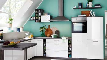 Einbauküche Pino aus Holz in Weiß pino Einbauküche inklusive Einbaugeräte Hochglanz Weiß - Stellfläche ca. 275 x 335 cm