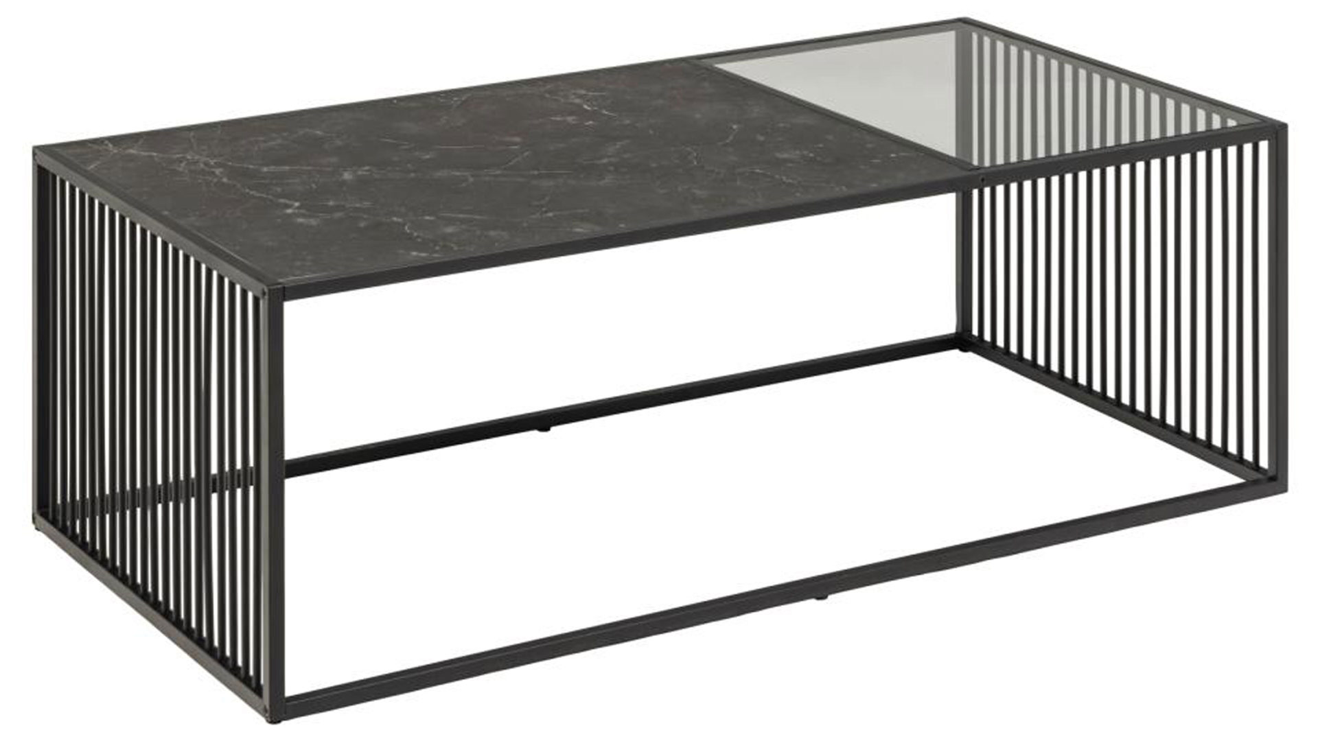 Couchtisch Actona group aus MDF in Schwarz Couchtisch Strington rauchfarbenes Glas & schwarze Marmoroptik, schwarzes Metallgestell - ca. 120 x 60 cm