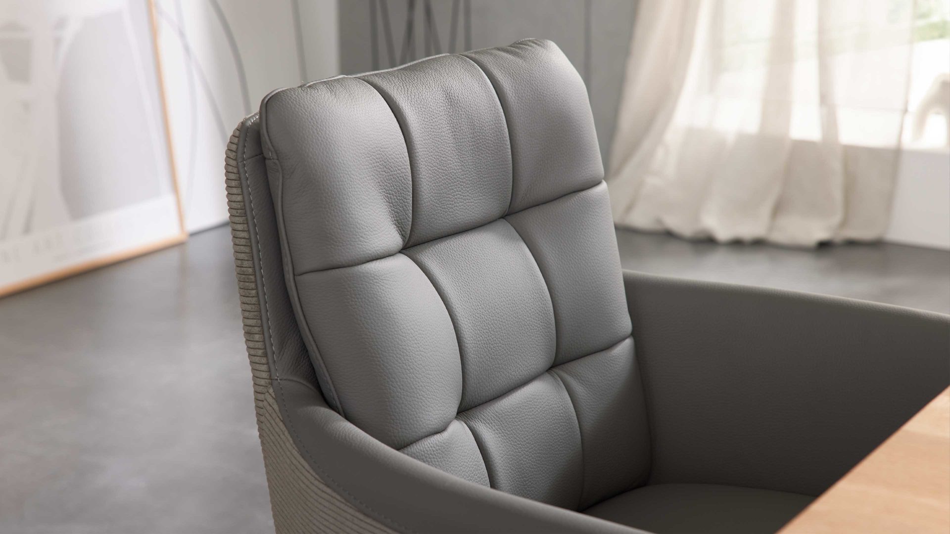 Schwingstuhl Interliving aus Leder in Grau Interliving Esszimmer Serie 5116 – Armlehn-Schwingstuhl grauer Materialmix Leder & Cord Fo-Sh, Edelstahlgestell F3