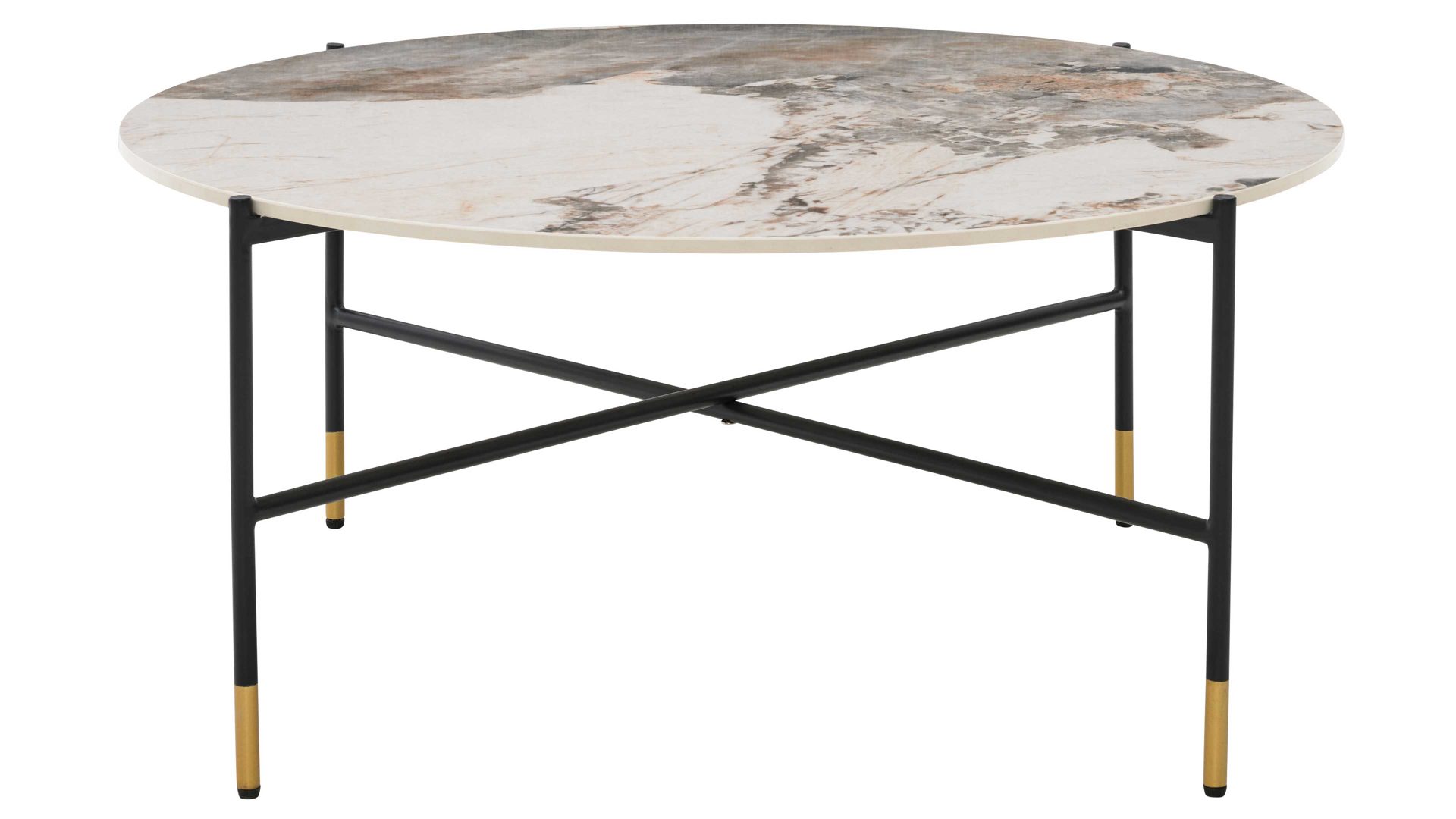 Couchtisch Interliving aus Keramik in Weiß Interliving Couchtisch Serie 6221 marmorfarbene Keramik Calcatta & schwarzer Stahl - Durchmesser ca. 94 cm