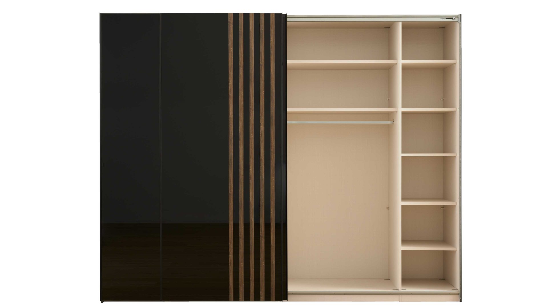 Kleiderschrank Interliving aus Holz in Schwarz Interliving Kleiderschrank Serie 1208 - Schwebetürenschrank Schwarzglas & Atlantic Eiche - zwei Türen, Breite ca. 270 cm