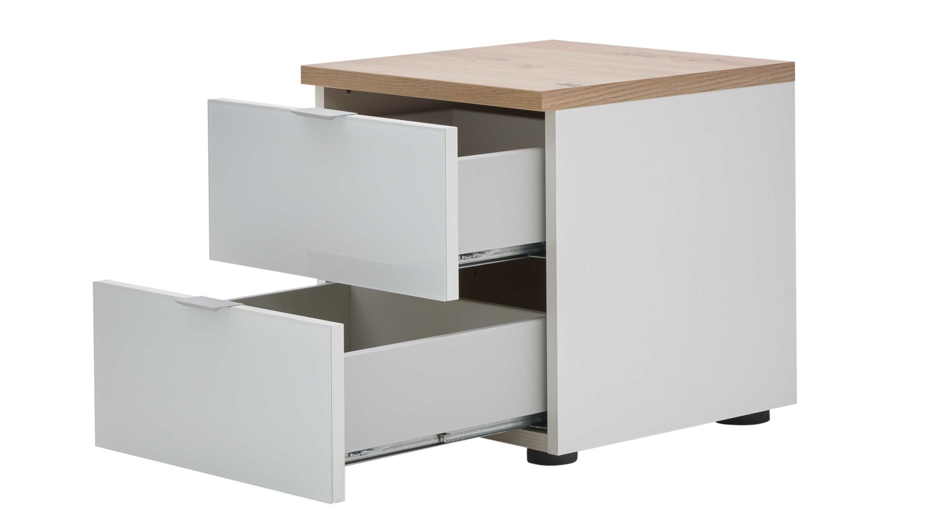 Nachtkommode Interliving aus Holz in Weiß Interliving Kleiderschrank Serie 1208 - Nachtkommode alpinweißes Glas & Artisan Eiche - zwei Schubladen, Breite ca. 40 cm