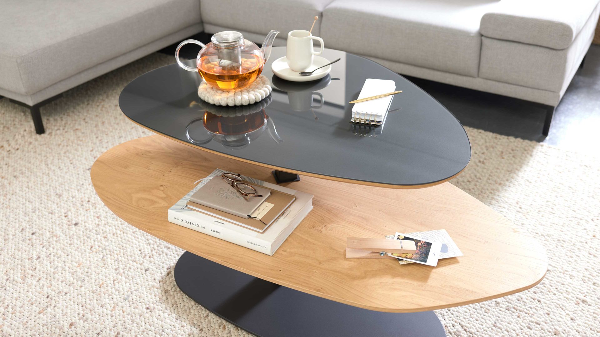 Couchtisch Interliving aus Holz in Anthrazit Interliving Couchtisch Serie 6225 - Couchtisch Anthrazit & Wildeiche - ca. 123 x 69 cm