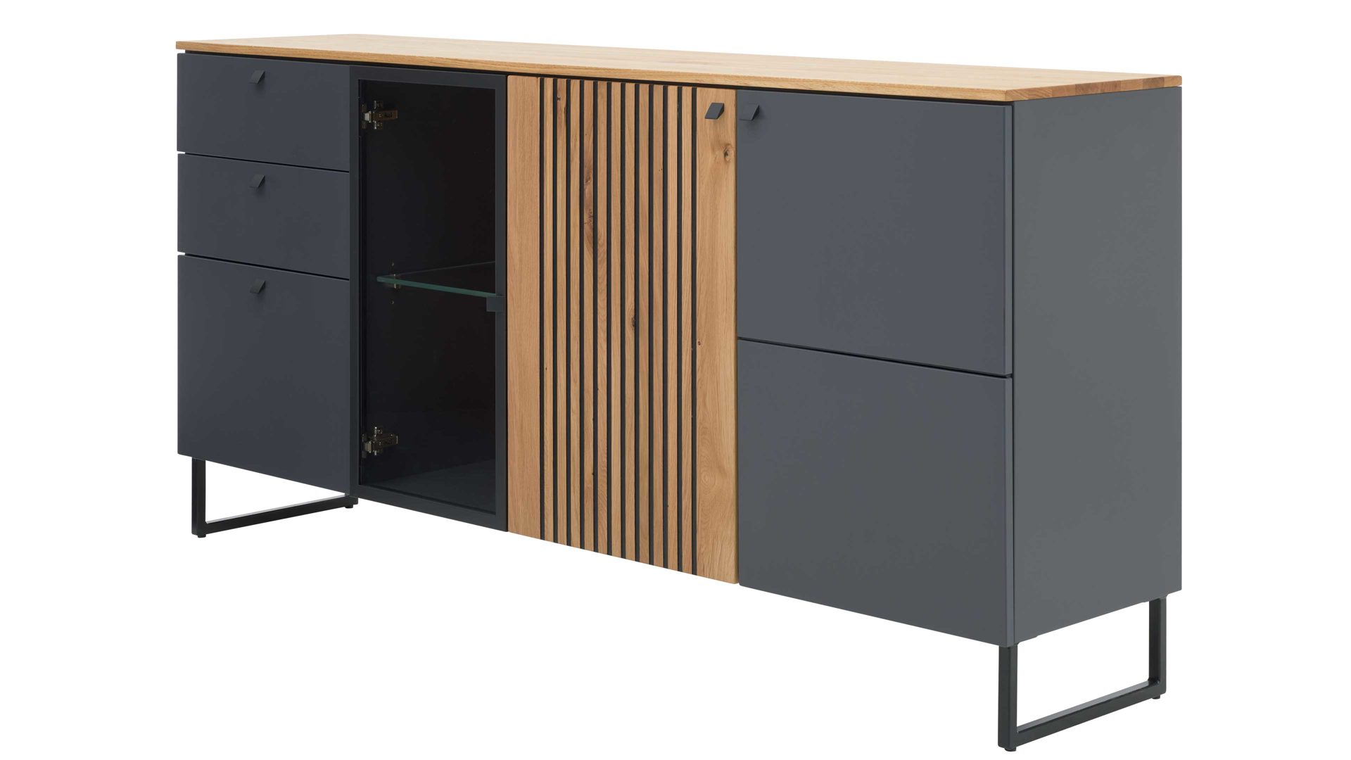 Sideboard Interliving aus Holz in Dunkelgrau Interliving Esszimmer Serie 5605 – Sideboard quarzgrauer Lack & Charakter-Eiche - drei Türen, drei Schubladen, Breite ca. 183 cm