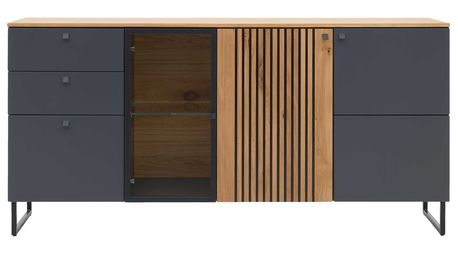 Sideboard Interliving aus Holz in Dunkelgrau Interliving Esszimmer Serie 5605 – Sideboard quarzgrauer Lack & Charakter-Eiche - drei Türen, drei Schubladen, Breite ca. 183 cm