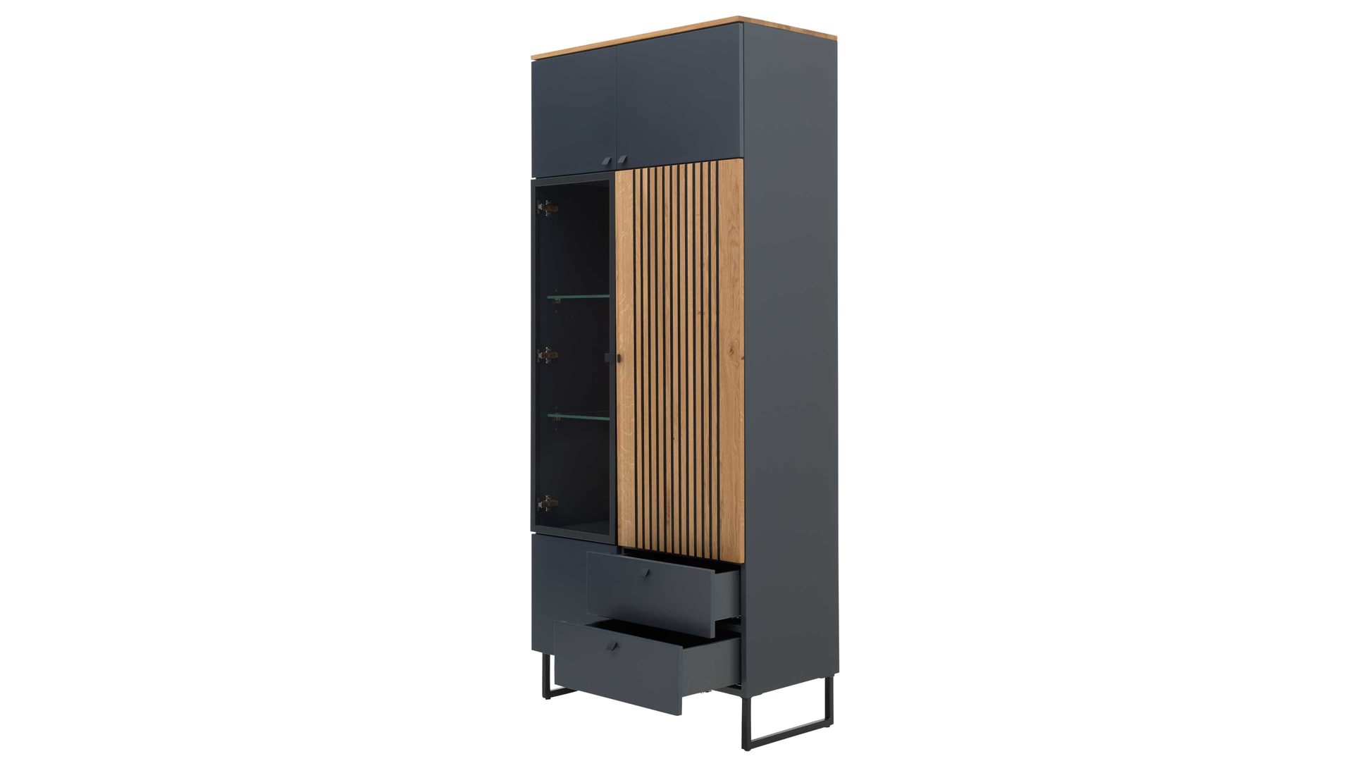 Vitrine Interliving aus Holz in Dunkelgrau Interliving Esszimmer Serie 5605 – Vitrine quarzgrauer Lack & Charakter-Eiche - fünf Türen, zwei Schubladen, Höhe ca. 194 cm