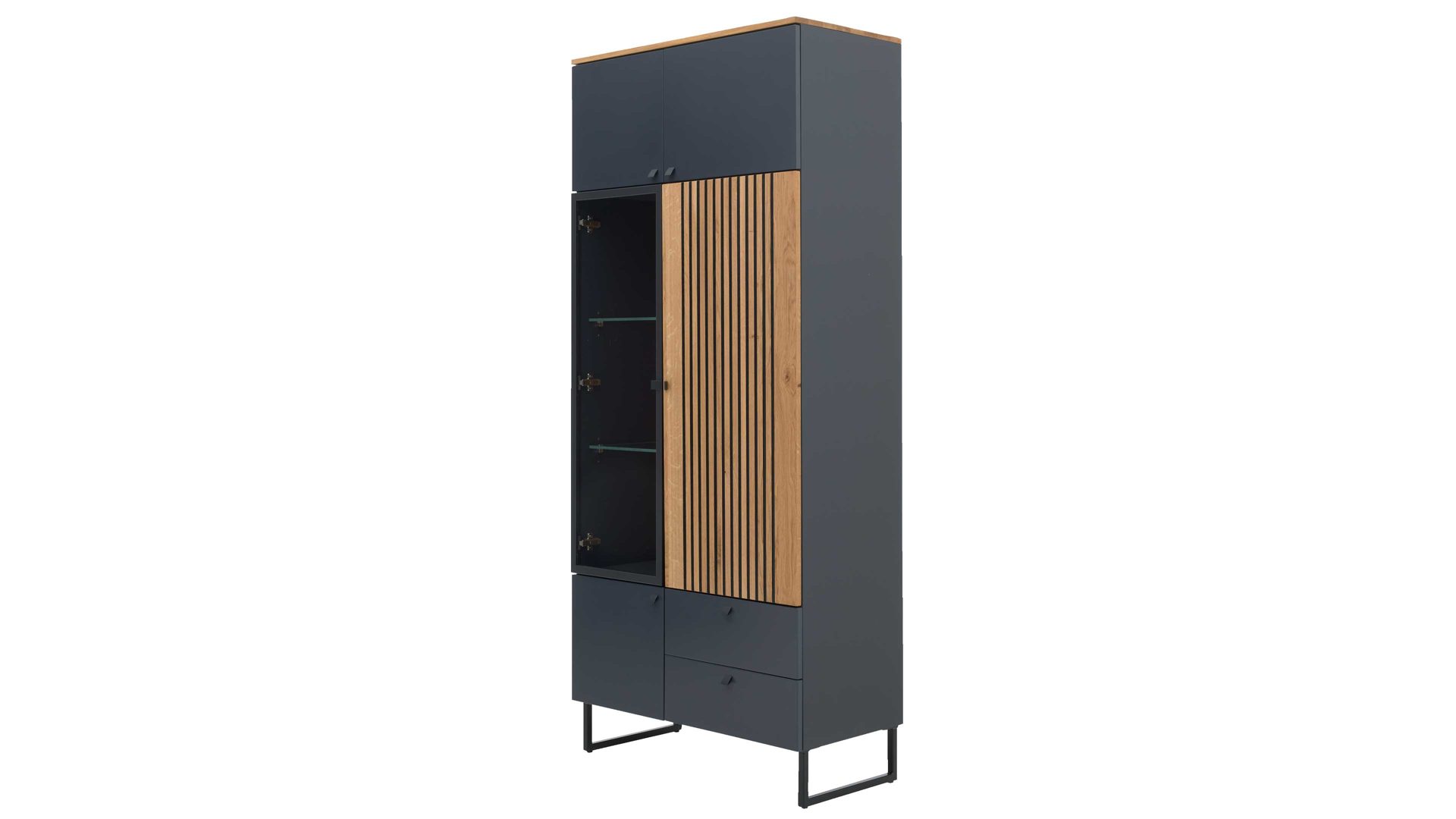Vitrine Interliving aus Holz in Dunkelgrau Interliving Esszimmer Serie 5605 – Vitrine quarzgrauer Lack & Charakter-Eiche - fünf Türen, zwei Schubladen, Höhe ca. 194 cm