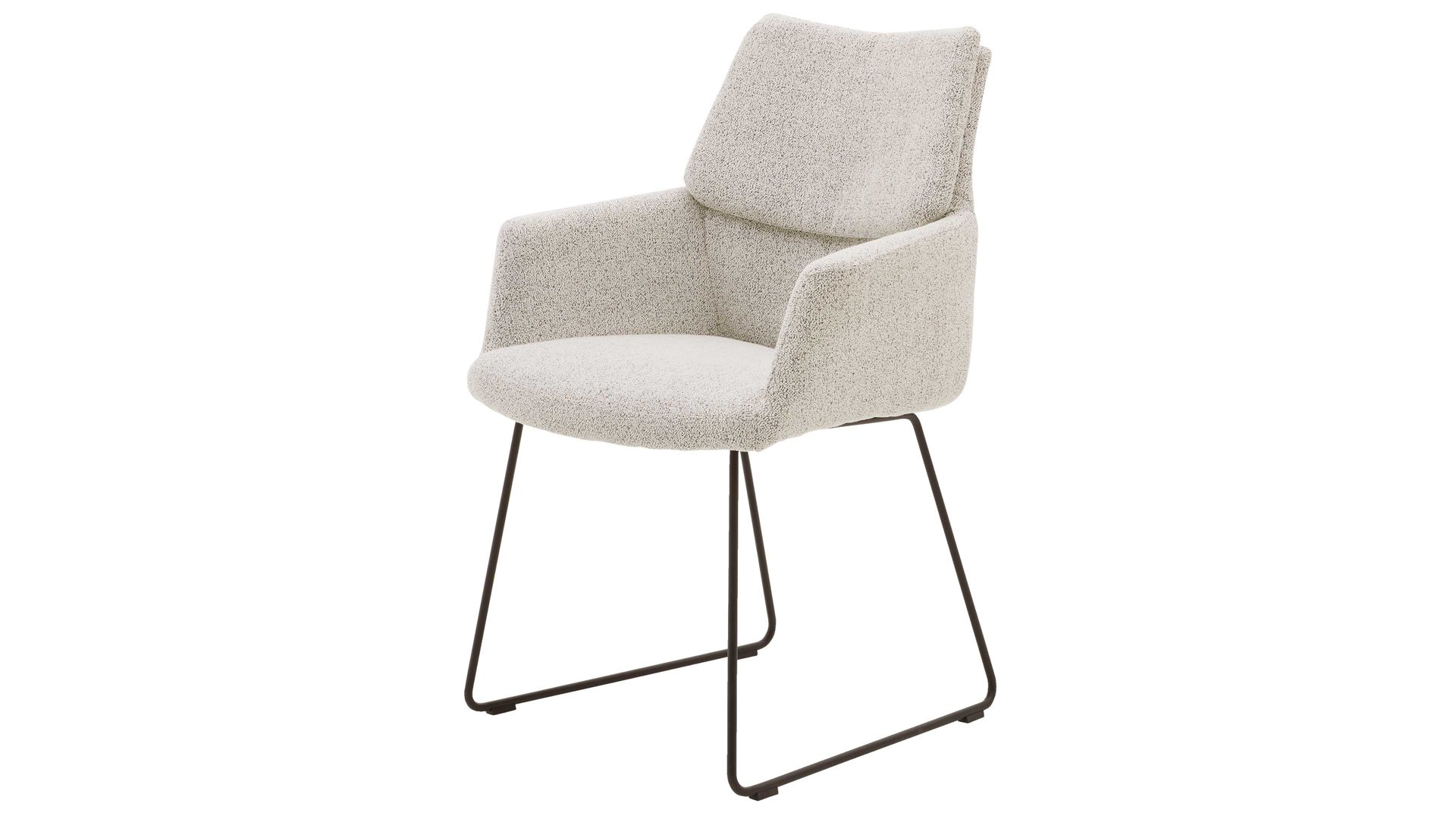 Polsterstuhl Interliving aus Stoff in Weiß Interliving Esszimmer Serie 5118 – Armlehn-Kufenstuhl champagnerfarbener Bouclé Elegant wish E07 & mattschwarzes Eisen