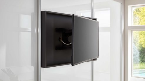Kleiderschrank Staud aus Glas in Weiß STAUD Schwebetürenschrank Media Flat mit TV-Nische Alpinweiß & Vulkan – drei Türen, Breite ca. 336 cm