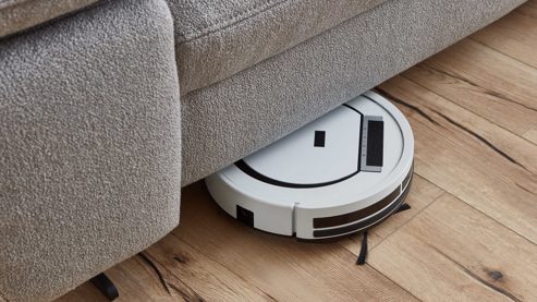 Ecksofa comfortmaster besser sitzen, liegen, leben aus Stoff in Hellgrau Comfortmaster Spektra 1488 - Relax-Wohnlandschaft mit vielen Funktionen hellgraues Flachgewebe Loop 02 jet – Stellfläche ca. 344 x 182 cm