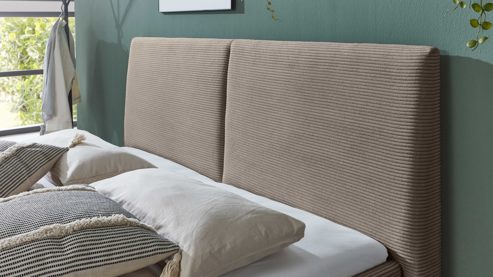 Bettgestell comfortmaster besser sitzen, liegen, leben aus Stoff in Hellbraun Comfortmaster Polsterbettgestell taupefarbener Breitcord Poso 03 & schwarze Metallfüße - Liegefläche ca. 180 x 200 cm