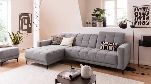 Ecksofa KAWOO aus Stoff in Grau KAWOO Serie 8334 - Ecksofa silbergrauer Webstoff DRL 69 & schwarze Metallfüße S11 - Stellfläche ca. 187 x 273 cm