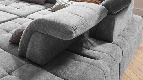 Ecksofa KAWOO aus Stoff in Grau KAWOO Serie Santa Lucia - Ecksofa bzw. Wohnlandschaft graues Flachgewebe Paris 20933 & Chromfüße – Stellfläche ca. 401 x 278 cm