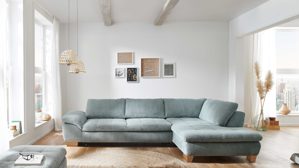 Ecksofa Megapol aus Stoff in Hellblau Polsterprogramm VS-MP1028 - Ecksofa aquafarbener Cord & Holzfüße - Stellfläche ca. 306 x 197 cm