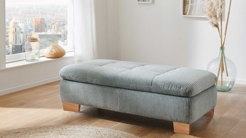 Funktionshocker Megapol aus Stoff in Hellblau Polsterprogramm VS-MP1028 - XXL-Funktions-Hocker aquafarbener Cordbezug & Holzfüße - ca. 135 x 63 cm