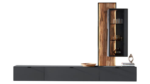 Wohnwand Wöstmann markenmöbel aus Holz in Dunkelgrau WÖSTMANN Wohnprogramm WM 2470 - Wohnwand graphitgrauer Lack & Spaltholz - vierteilig, Breite ca. 304 cm