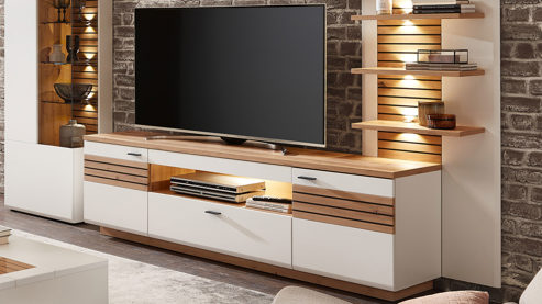 Lowboard MIVIVO aus Holz in Weiß MIVIVO Wohnprogramm Fresno - Medienschrank Mattweiß & Artisan Eiche - zwei Türen, eine Schublade, Länge ca. 190 cm