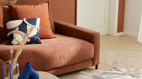 Zweisitzer Roomio® aus Stoff in Orange Roomio® No. 4103 - Zweisitzer rostfarbener Cord & Metallfüße 1116 MFSM - Länge ca.  194 cm