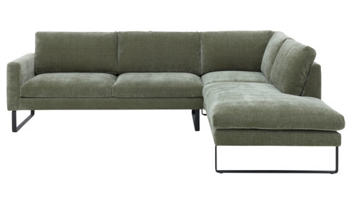 Ecksofa Roomio® aus Stoff in Grün Roomio® No. 4105 - Ecksofa schildkrötenfarbener Bezug Monty & schwarze Kufenfüße 256 MK - Stellfläche ca. 278 x 221 cm