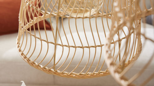 Pendelleuchte Roomio® aus Holz in Holzfarben Roomio® Hängeleuchte No. 9805 Rattan & schwarzes Metall - Durchmesser ca. 33 cm