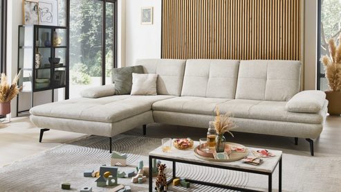 Ecksofa modulmaster aus Stoff in Beige Modulmaster Serie MM-MP1181 - Ecksofa ecrufarbenes Flachgewebe Cyber & schwarze Metallfüße – Stellfläche ca.  188 x 322 cm