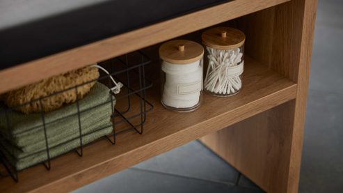 Hocker Interliving aus Holz in Holzfarben Interliving Bad Serie 3702 - Sitzhocker 7751 braune Cuneo Eiche & schwarzes Kunstleder - Länge ca. 60 cm