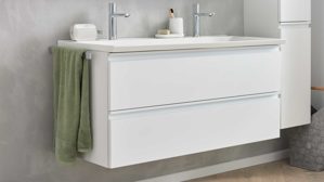 Waschtisch-Set / Waschbecken-Set Interliving aus Holz in Weiß Interliving Bad Serie 3702 - Waschtischunterschrank 7793 mit Doppelwaschtisch Edelweiß - zwei Schubladen, Breite ca. 120 cm