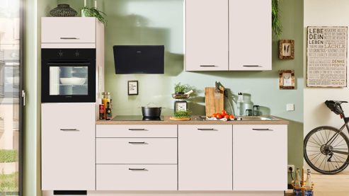 Einbauküche Pino aus Holz in Weiß pino Einbauküche inklusive Einbaugeräte Magnolienweiß - Länge ca. 270 cm