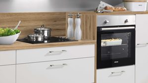 Einbauküche Pino aus Holz in Hellgrau pino Einbauküche inklusive Einbaugeräte Kaschmirgrau & Evoke Eiche - Länge ca. 343 cm