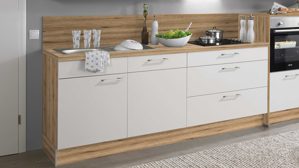 Einbauküche Pino aus Holz in Hellgrau pino Einbauküche inklusive Einbaugeräte Kaschmirgrau & Evoke Eiche - Länge ca. 343 cm