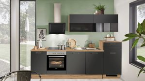 Einbauküche Pino aus Holz in Graphit pino Einbauküche inklusive Einbaugeräte Grafit & Evoke Eiche - Länge ca. 290 cm